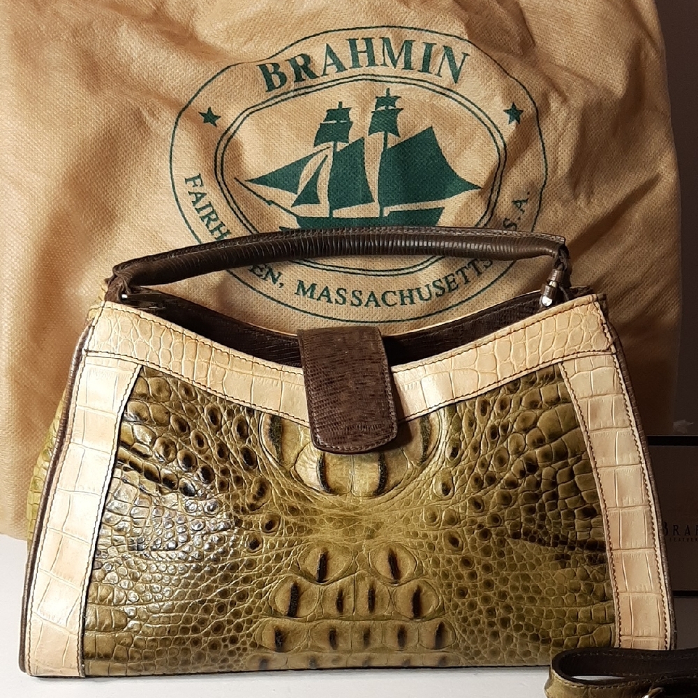 SALE! Brahmin Vintage Olive & Cream Embossed Crocodile Leather Satchel